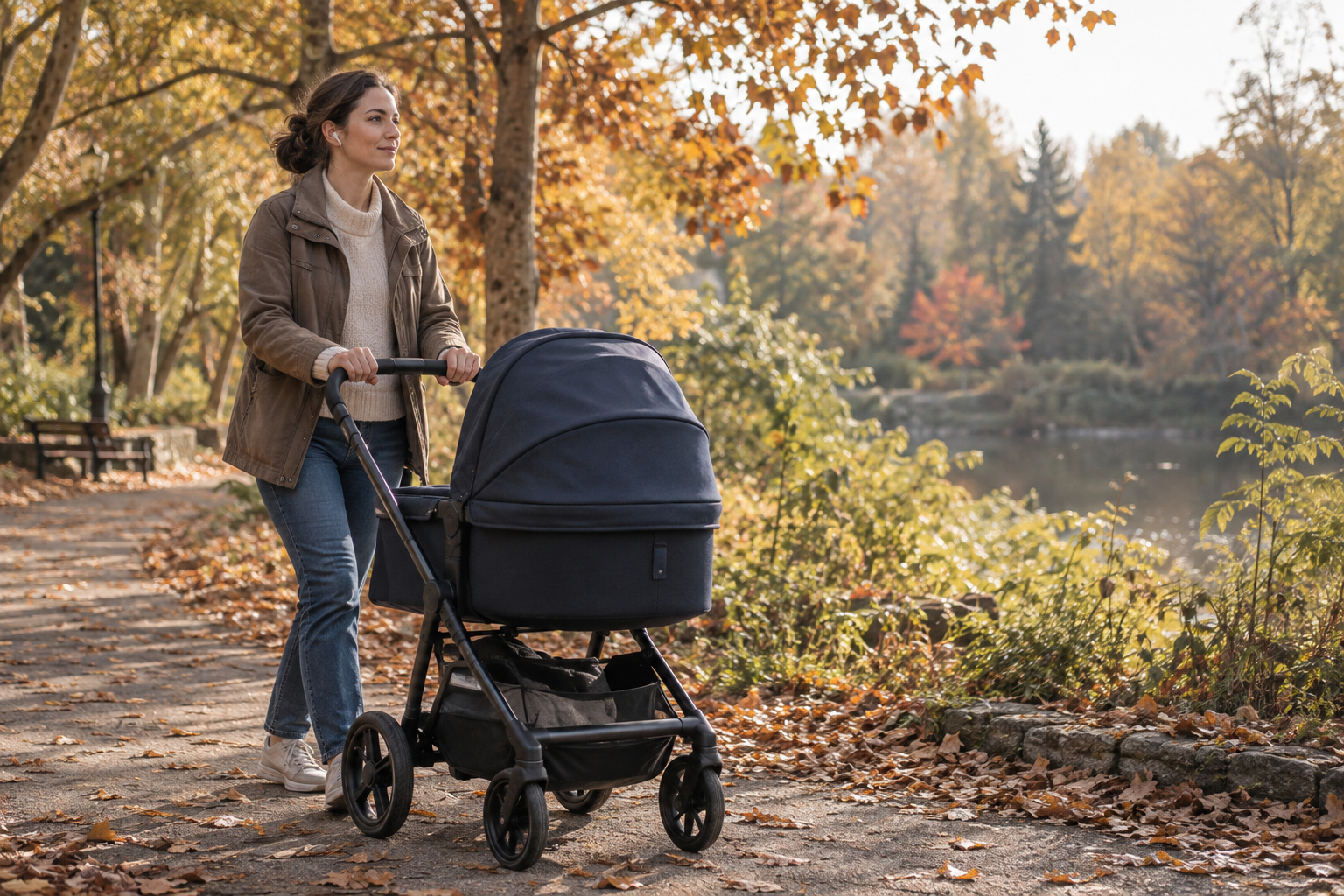 An illustrative autumn scene: a mother wearing earbuds pushes a stroller along a leafy park path