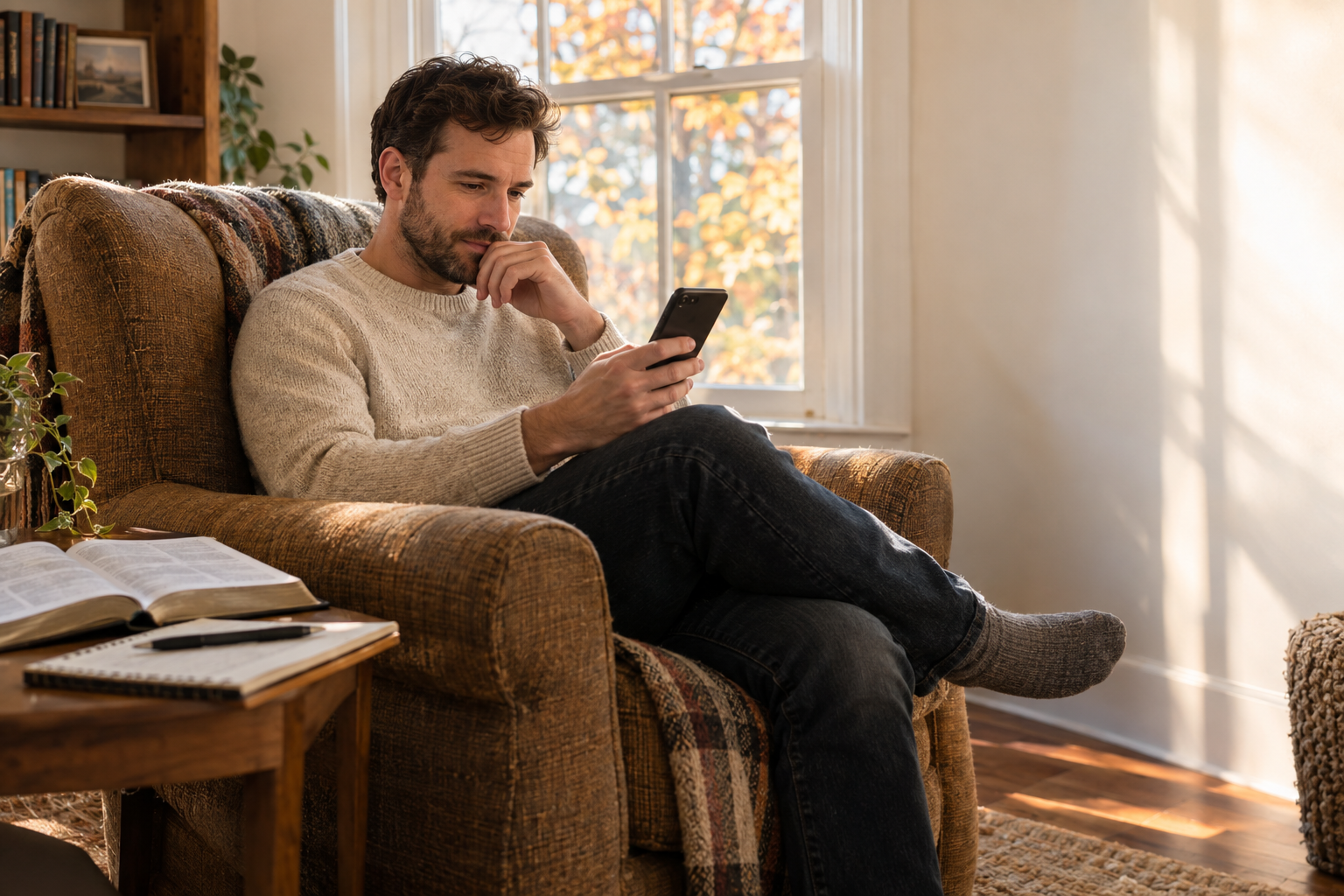 An illustrative autumn morning: a man in a comfortable chair reflects on a devotional on his phone, with a Bible and notebook nearby