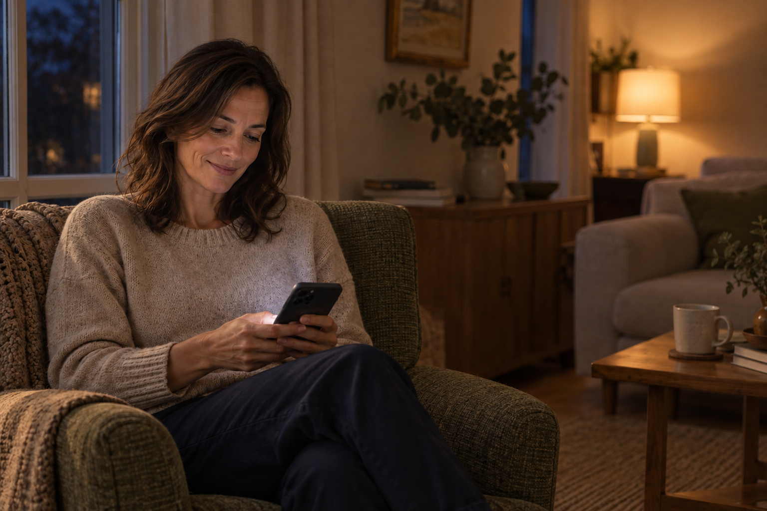 Illustrative scene: the same woman recording a moment at home in warm evening lamplight.