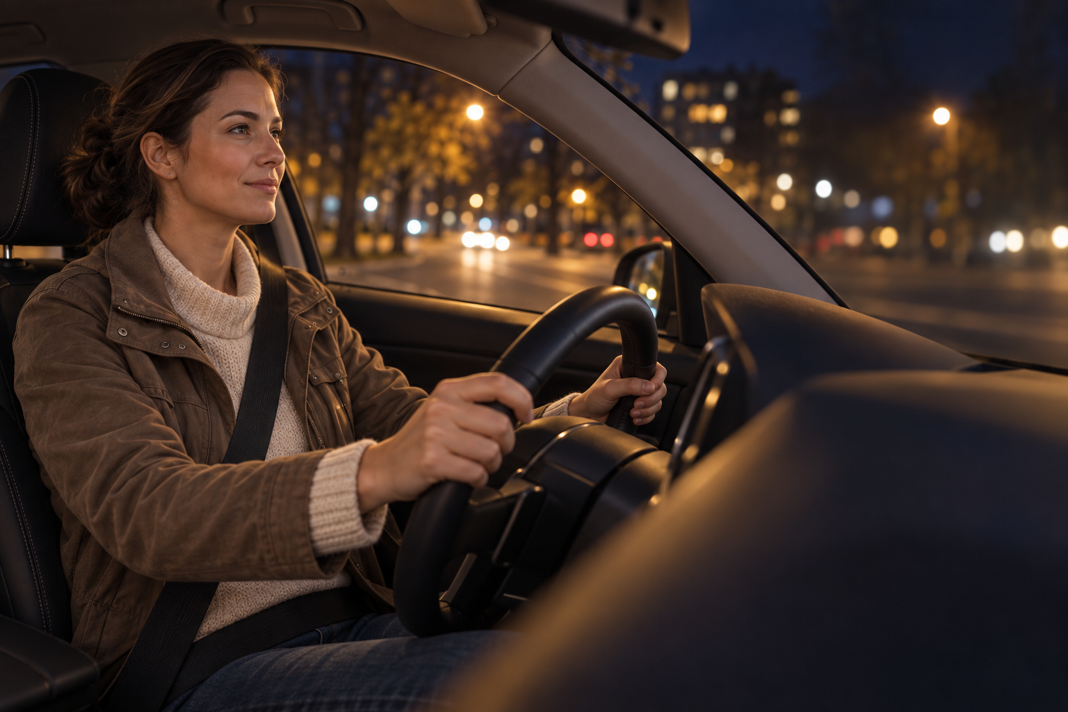 An illustrative nighttime drive: a woman wearing her seat belt looks ahead at the road with both hands on the wheel