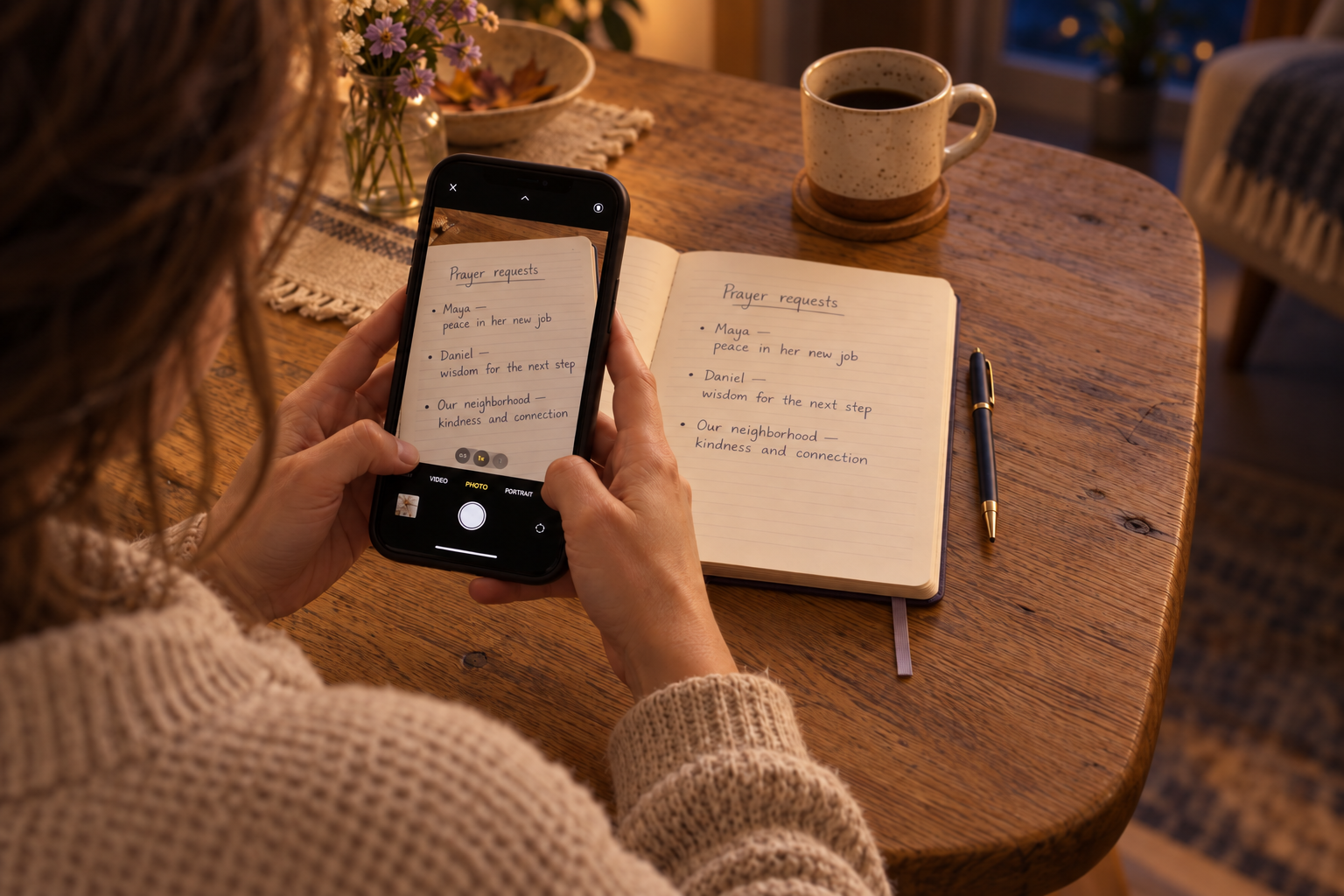 An illustrative evening scene: a woman photographs her handwritten prayer list in warm lamplight