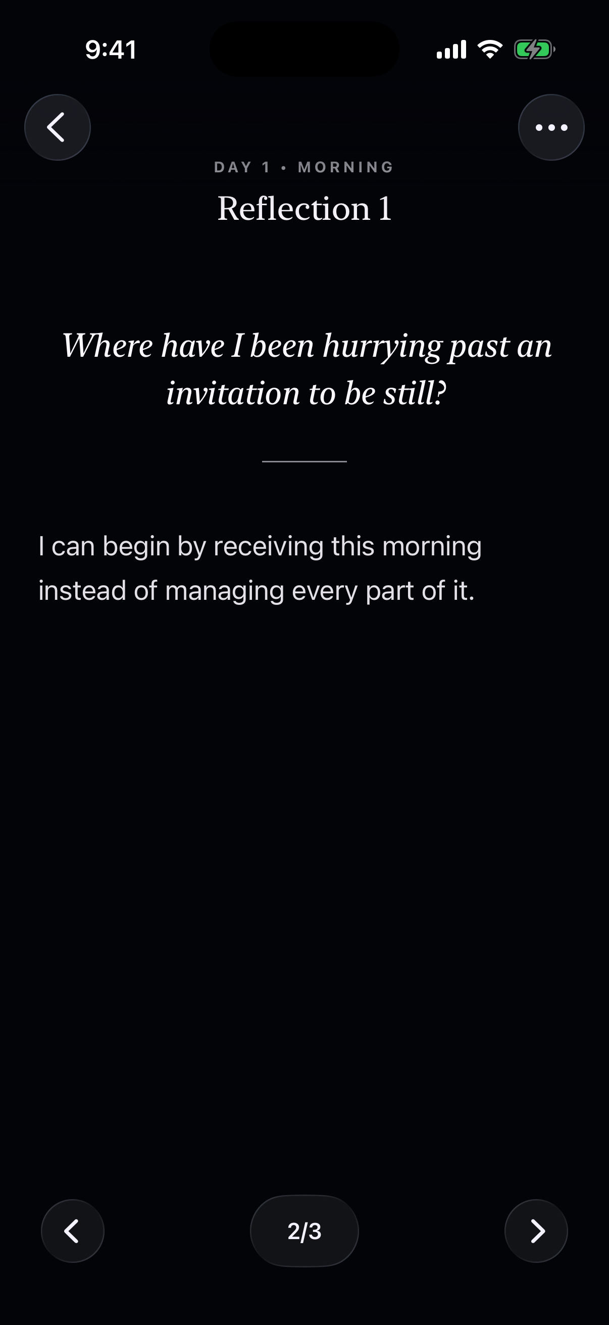 A reflection prompt in Glean’s focused devotional mode in dark mode