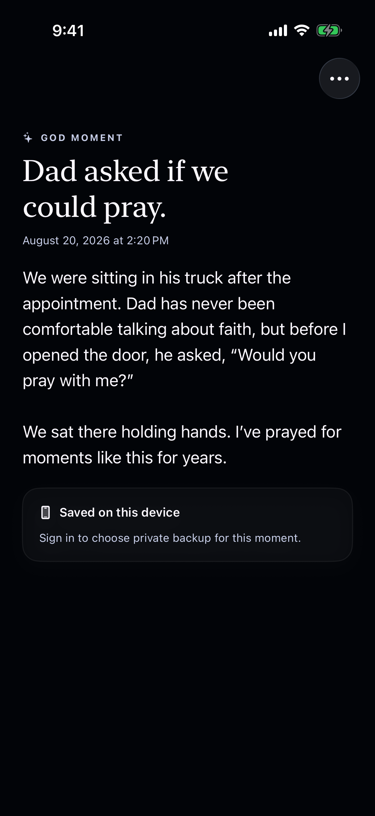A fictional saved God moment titled Dad asked if we could pray, remembering a father’s unexpected invitation to pray together, in dark mode