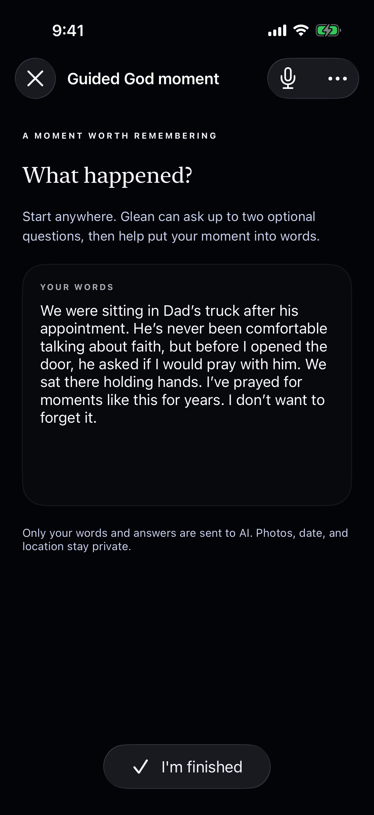 Guided God moment in Glean with a natural-language account of Dad asking to pray together, in dark mode