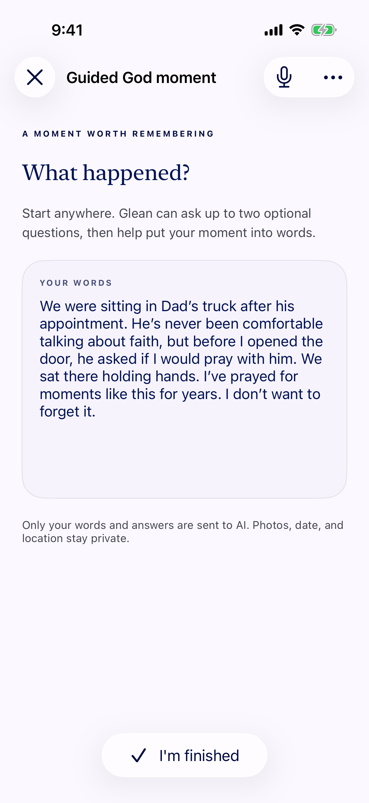 Guided God moment in Glean with a natural-language account of Dad asking to pray together