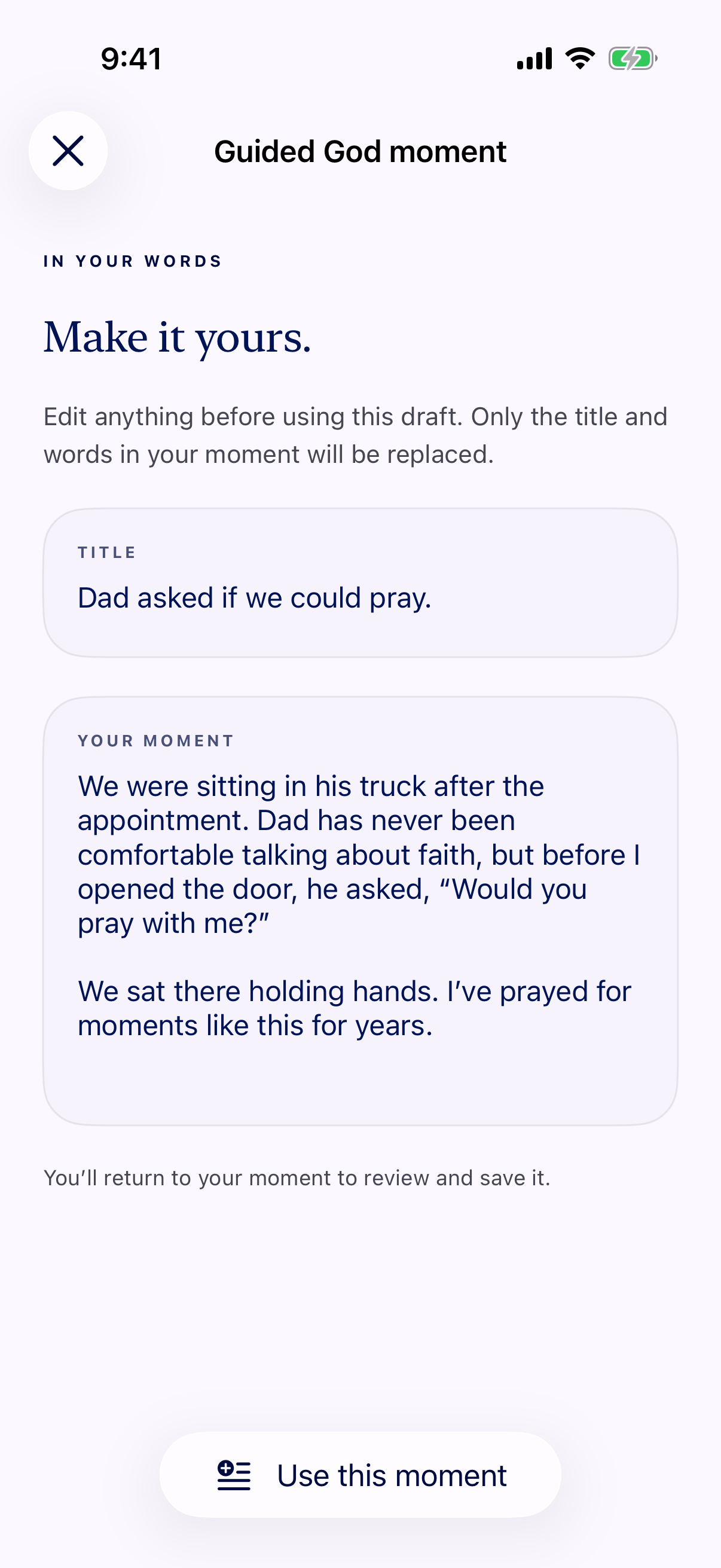 The editable Dad asked if we could pray draft in Glean’s guided God moment experience