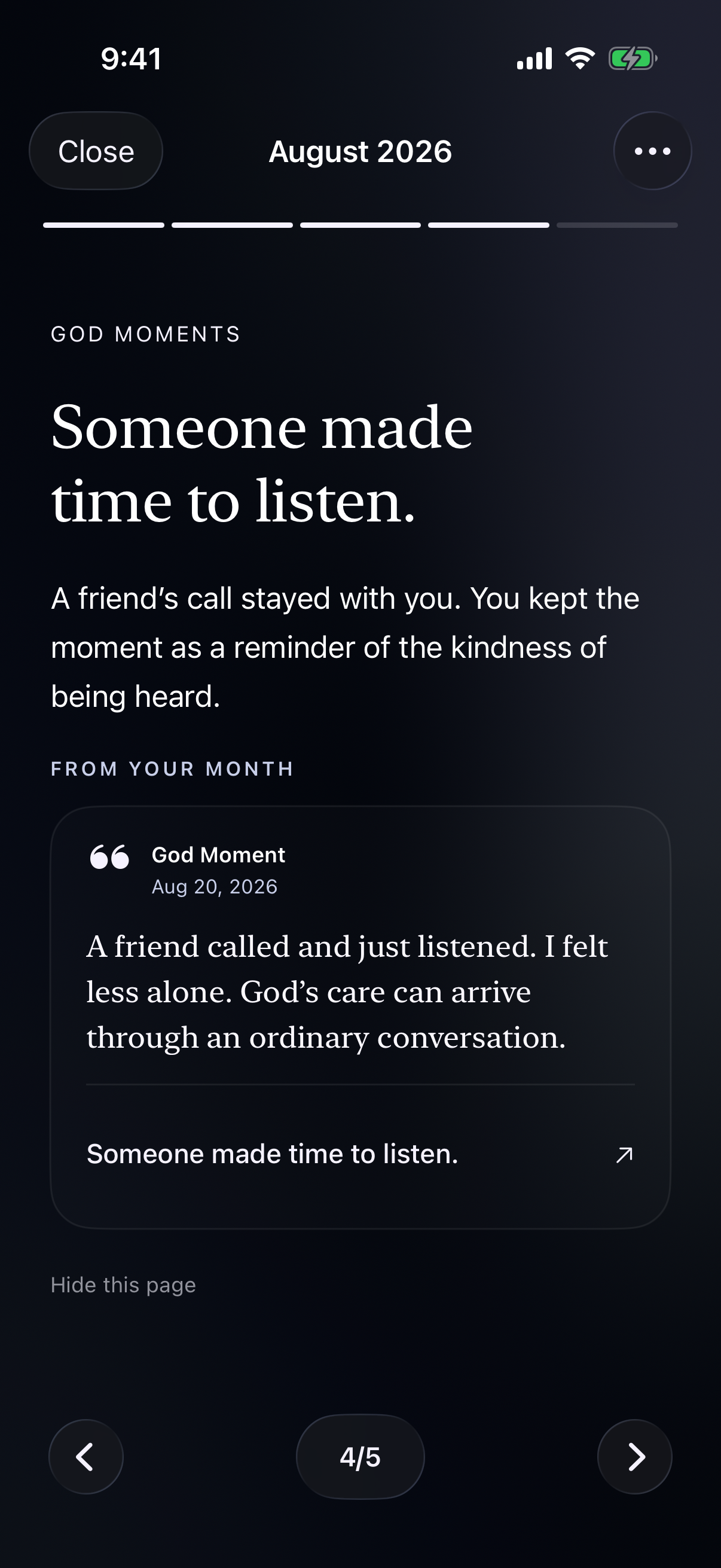 An August monthly Memory in dark mode revisiting that God moment, with a dated excerpt and a link to the original entry.