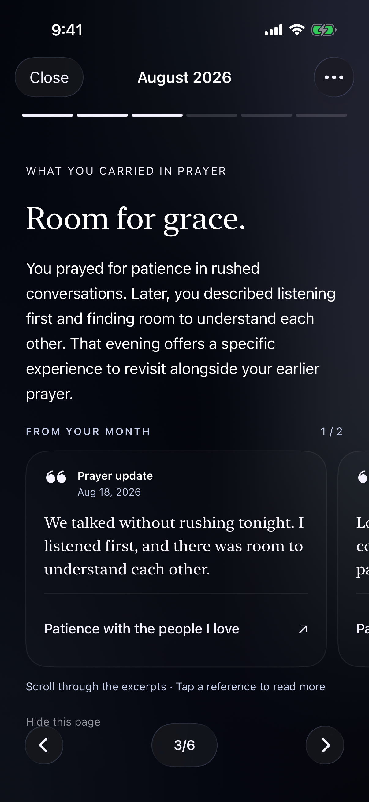 A monthly Memory reflecting on an early prayer for patience alongside a later conversation, in dark mode