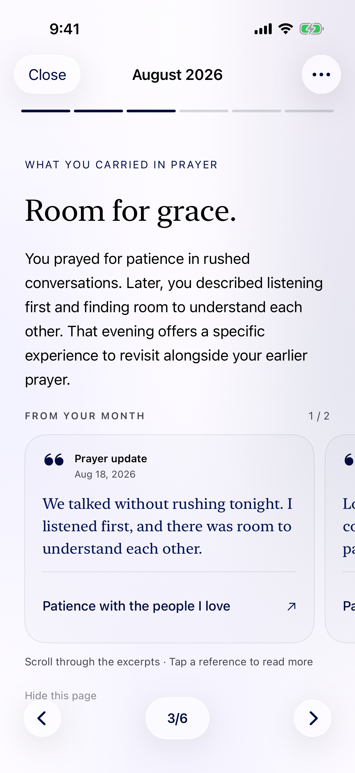 A monthly Memory reflecting on an early prayer for patience alongside a later conversation