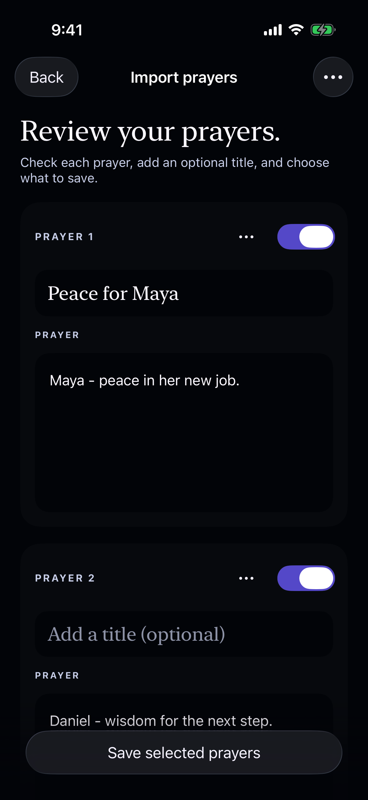 Reviewing imported prayer requests in dark mode