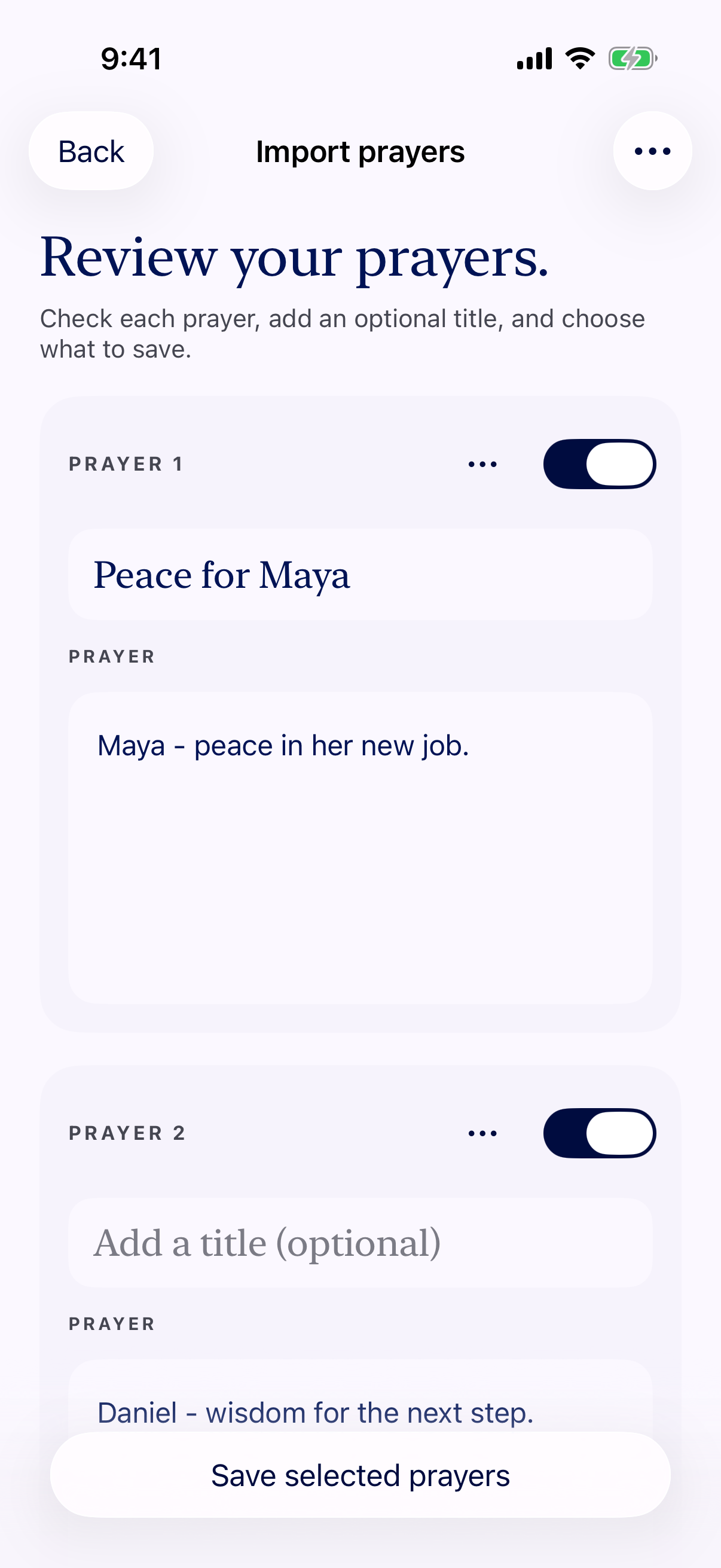 Reviewing separate prayer requests in Glean, with editable titles, prayer text, and inclusion toggles before saving