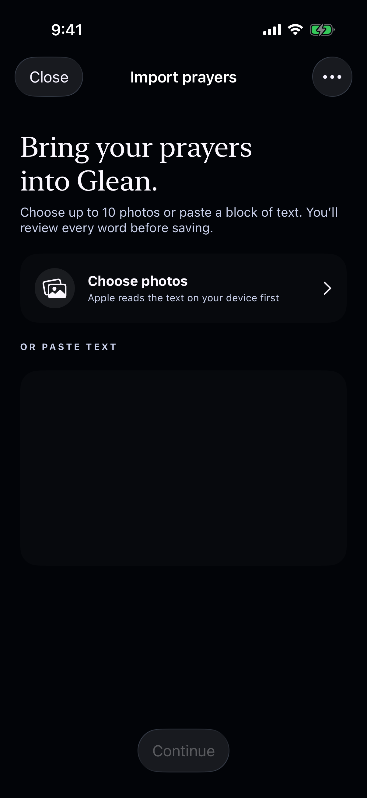Glean’s Import prayers screen in dark mode