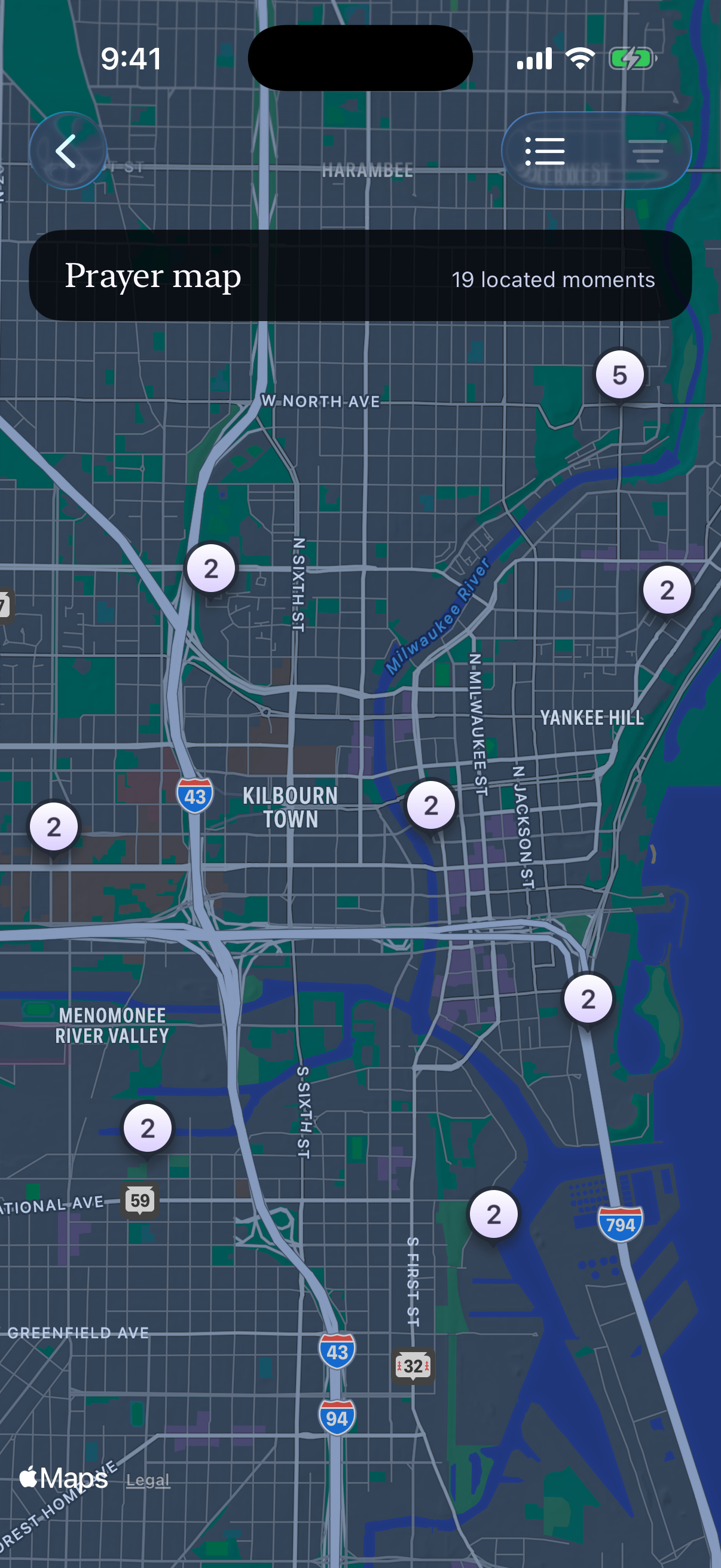 Glean’s private Journey map showing recorded prayer moments around Milwaukee, in dark mode