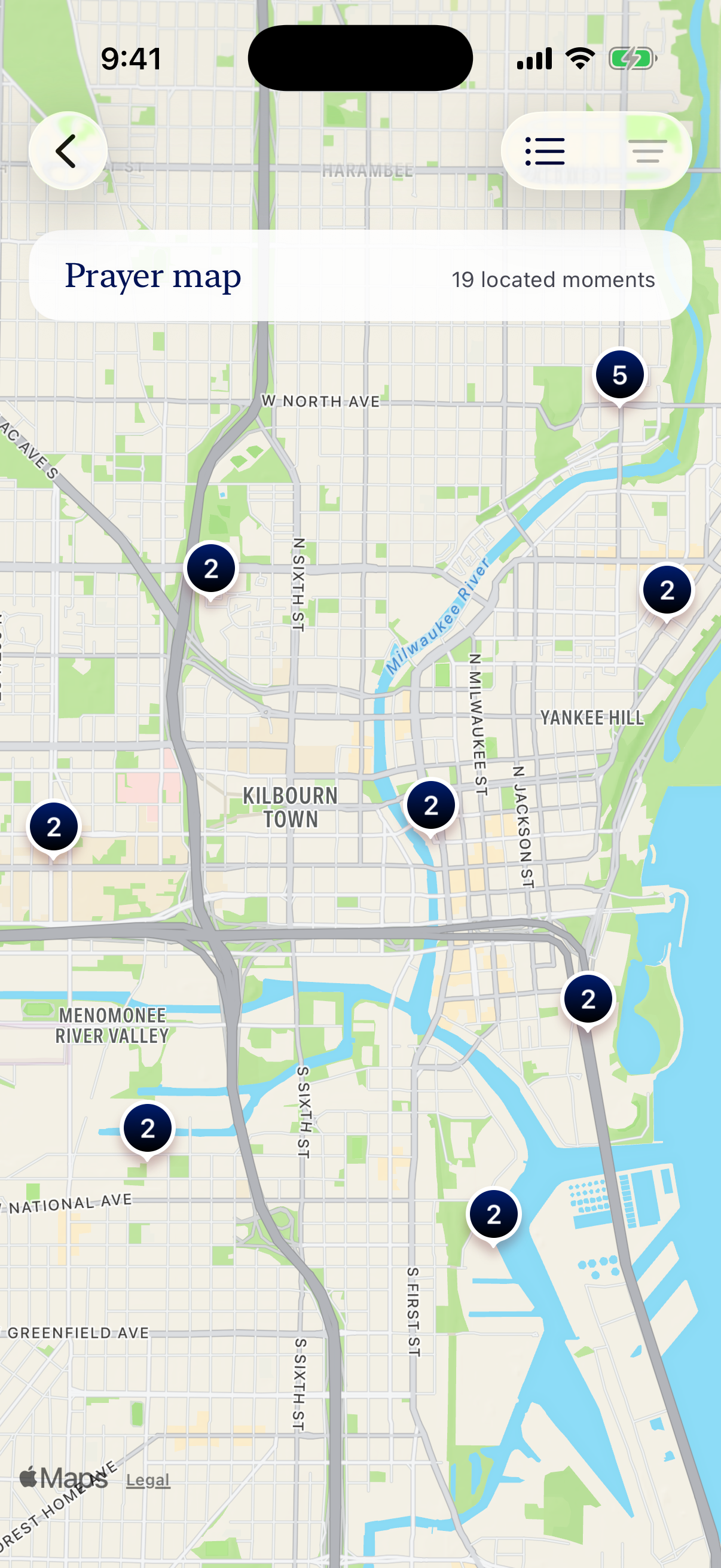 Glean’s private Journey map showing recorded prayer moments around Milwaukee